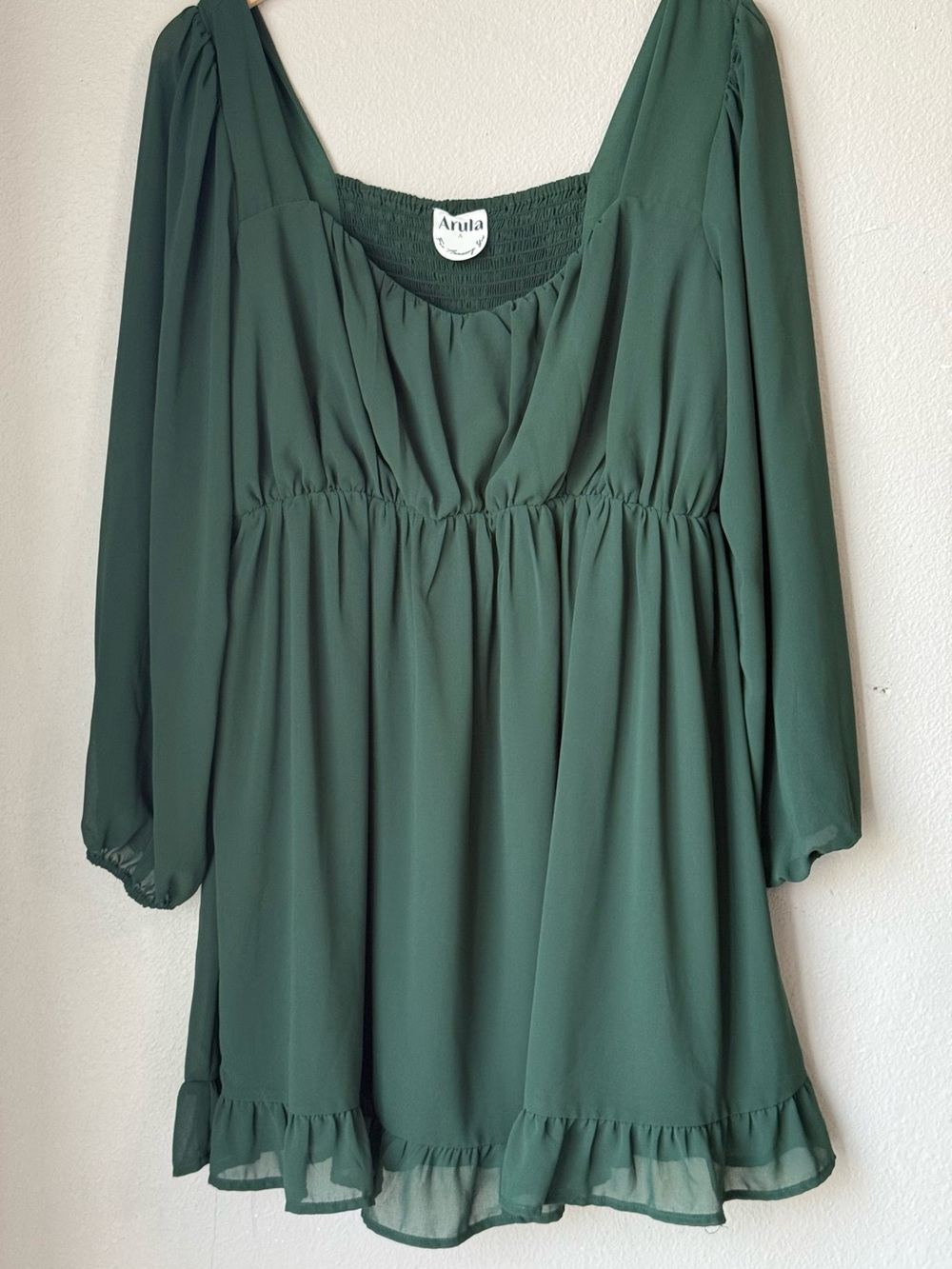 Arula Hunter Green Long Puff Sleeves Babydoll Dress Women’s Size XL Ruffle Hem